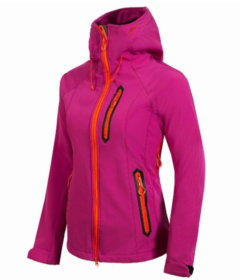 Damen-Softshelljacke pink, Kapuze, Reißverschlüsse orange, Outdoor-Bekleidung, winddicht.