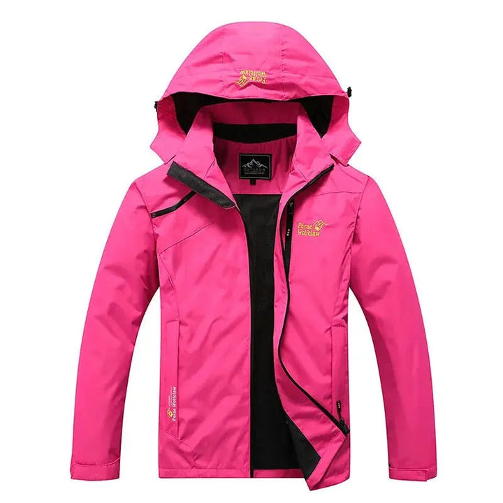 Pinkfarbene Outdoorjacke mit Kapuze für Damen, wasserabweisend, ideal für Frühling.