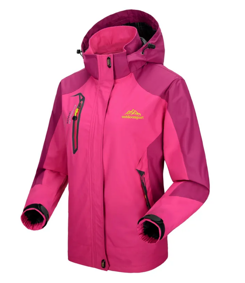Damen Outdoorjacke pink, wasserdicht, Kapuze, Reißverschlusstaschen, atmungsaktiv.