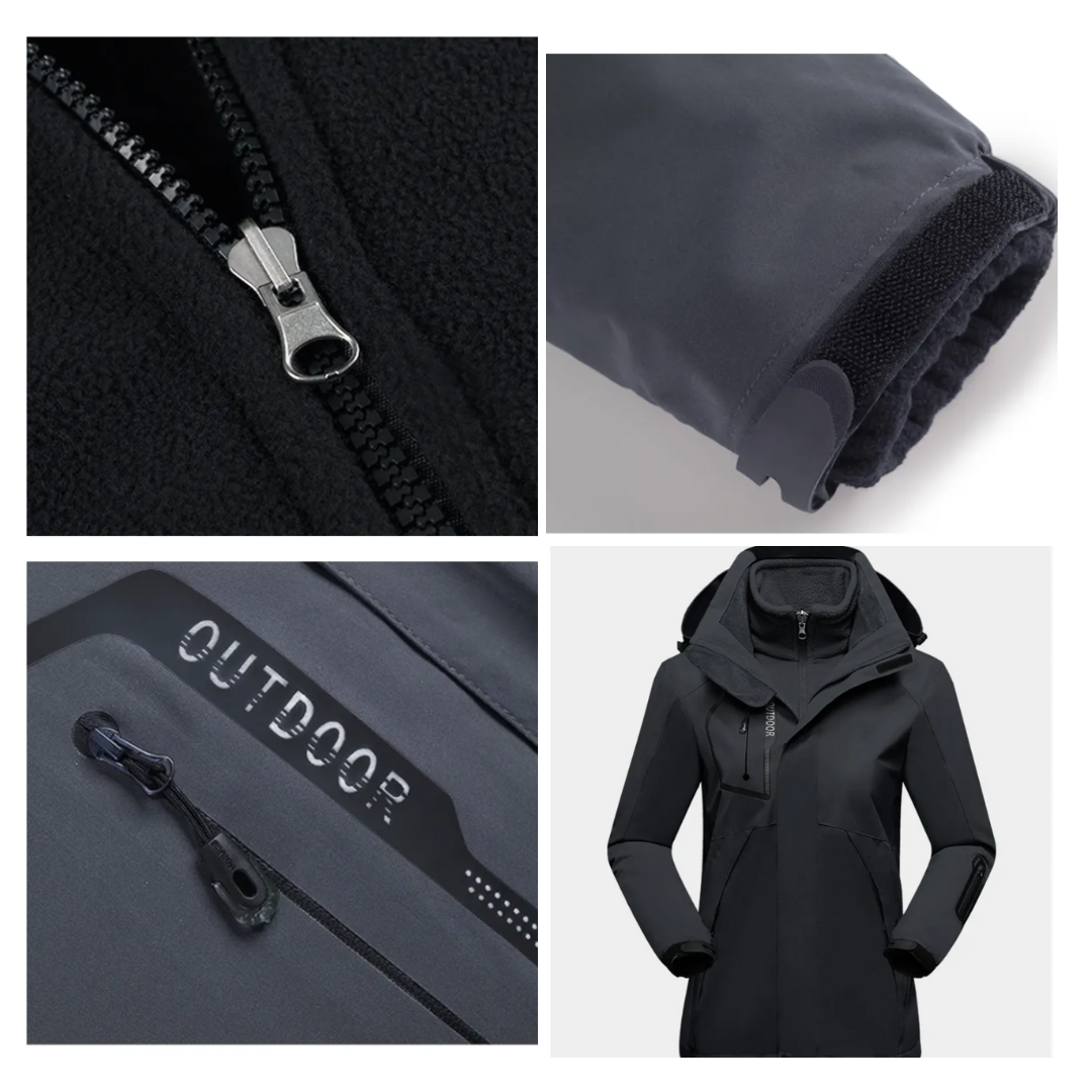 Schwarze Outdoor-Jacke mit Reißverschluss, Kapuze und Fleece-Innenfutter für Damen.