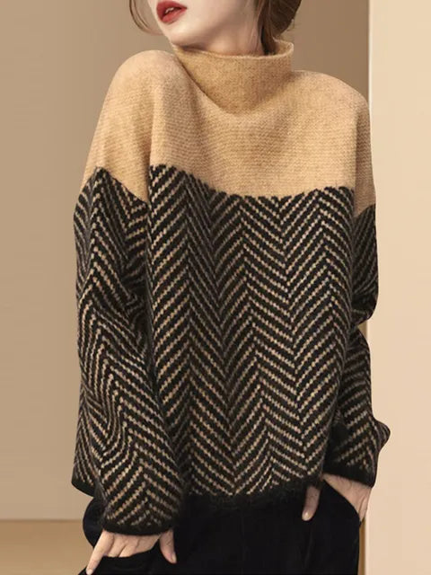 Damenpullover, beige-schwarz, Retro-Muster, halbhoher Kragen, Herbst-Winter-Mode 2023.