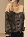 Damenpullover, beige-schwarz, Retro-Muster, halbhoher Kragen, Herbst-Winter-Mode 2023.