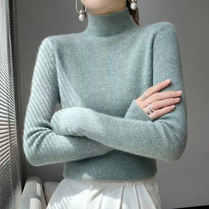 Damen Rollkragenpullover aus Kaschmir, hellgrün, langärmelig, elegant, Wintermode.