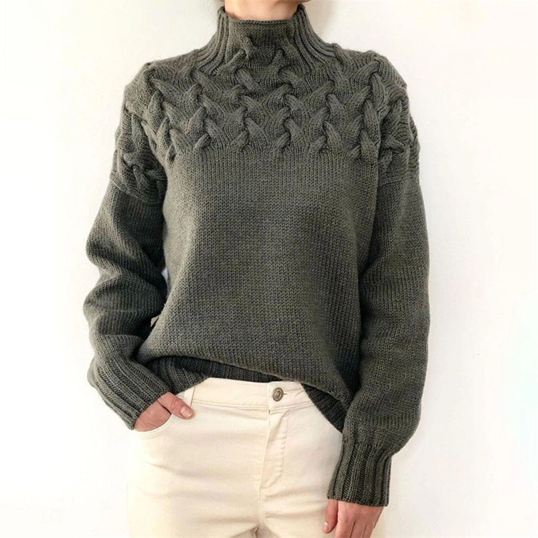 Dunkelgrauer Strickpullover mit Zopfmuster, Damenmode, Winterkleidung, gemütlich und stilvoll.