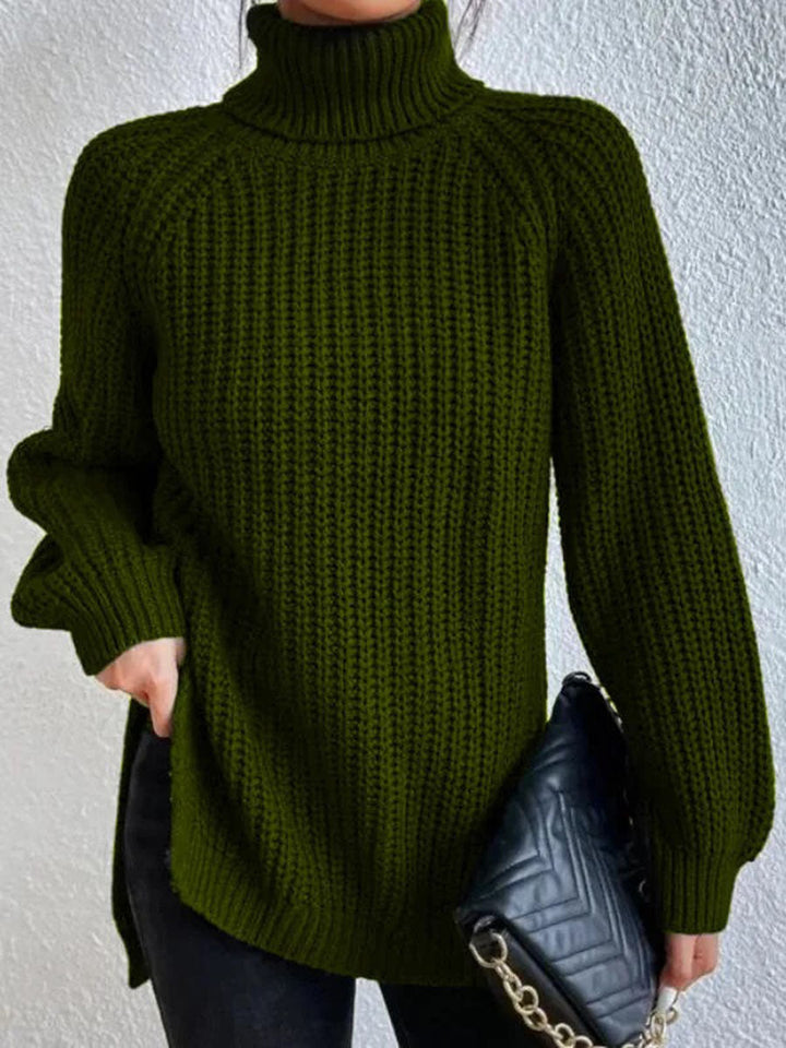 Dunkelgrüner Rollkragenpullover aus Strick, Damenmode, Herbst-Winter, warm und stilvoll.