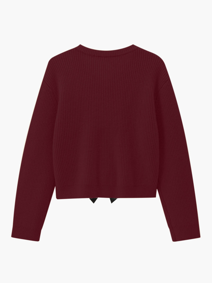 Bordeauxroter Strickpullover Damen, langärmelig, gerippt, modisch, bequem, Herbstmode.