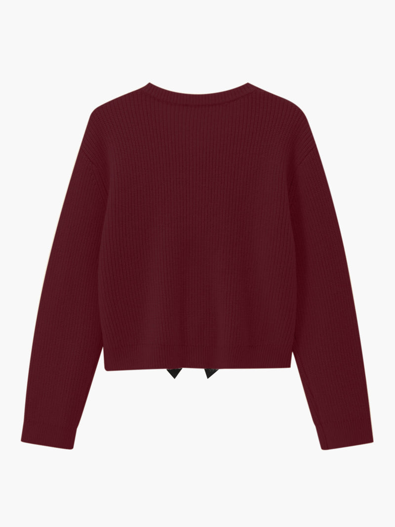 Bordeauxroter Strickpullover Damen, langärmelig, gerippt, modisch, bequem, Herbstmode.