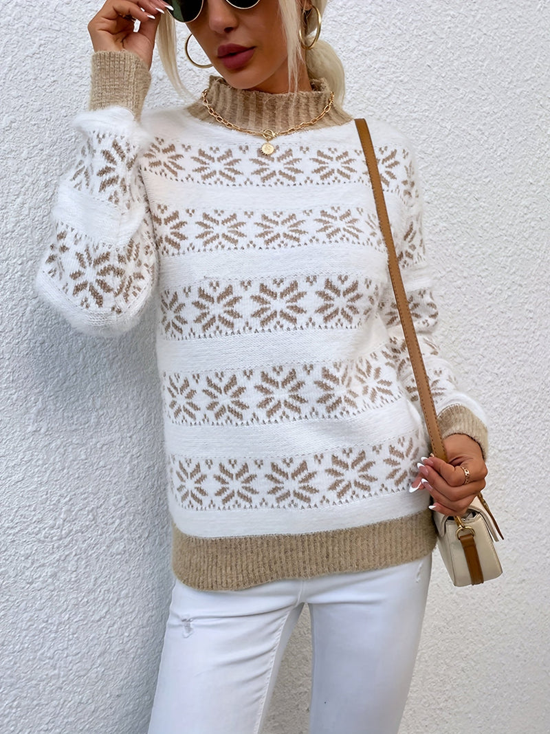 Frau in weiß-beigem Norwegerpullover, Strickmuster, Wintermode, Sonnenbrille, Handtasche.