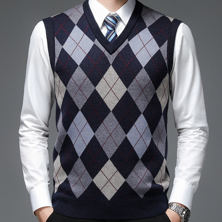 Männer-Pullover Weste, Argyle-Muster, navyblau, V-Ausschnitt, Business-Look, Herrenmode.