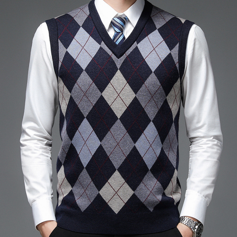 Männer-Pullover Weste, Argyle-Muster, navyblau, V-Ausschnitt, Business-Look, Herrenmode.