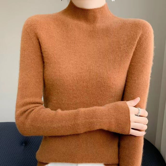 Damen Pullover, braun, Kaschmir, Rollkragen, langärmelig, elegant, Herbstmode.