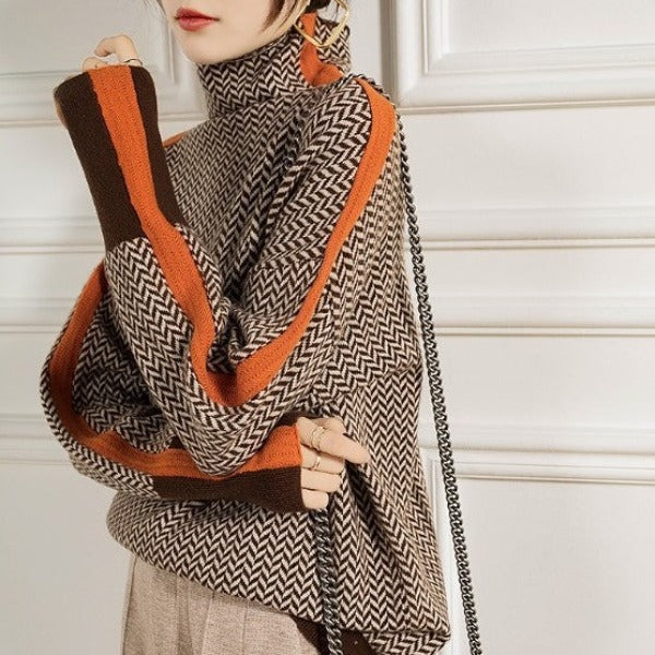 Damenpullover mit Zickzackmuster, braun-orange, Rollkragen, Herbstmode, Strick, elegant.