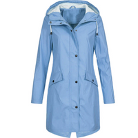 Damen Regenjacke blau, wasserdicht, Kapuze, Outdoor-Bekleidung, modisch, funktional.