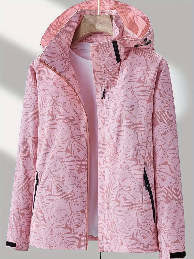 Damen Regenjacke rosa mit Blattmuster, wasserdicht, Kapuze, Outdoor-Bekleidung.
