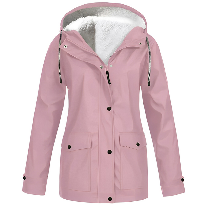 Rosa Damen-Regenjacke mit Kapuze, wasserdicht, Fleece-Innenfutter, Outdoor-Bekleidung.