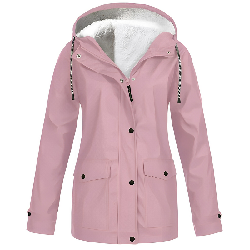Rosa Damen-Regenjacke mit Kapuze, wasserdicht, Fleece-Innenfutter, Outdoor-Bekleidung.