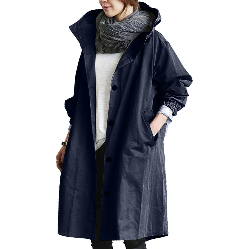 Damen Regenjacke, dunkelblau, wasserdicht, mit Kapuze, modisch, funktional, Outdoor-Bekleidung.