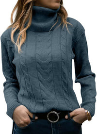 Damen Rollkragenpullover, blau, Zopfmuster, Strick, langärmelig, modisch, warm, Wintermode.