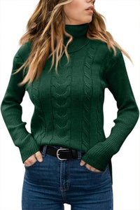 Damen Rollkragenpullover, grün, Zopfmuster, Strick, warm, modisch, Herbst-Wintermode.