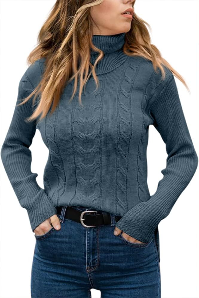 Damen Rollkragenpullover, blau, Zopfmuster, langärmelig, Strick, modisch, warm.