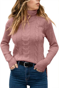 Damen Rollkragenpullover rosa, Zopfmuster, Strick, Wintermode, elegant, warm, casual.