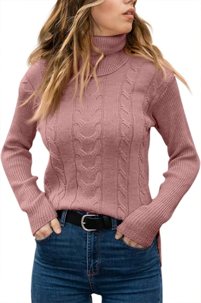 Damen Rollkragenpullover rosa, Zopfmuster, Strick, Wintermode, elegant, warm, casual.