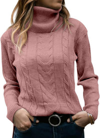 Damen Rollkragenpullover rosa, Zopfmuster, Strick, langärmelig, modisch, warm, elegant.