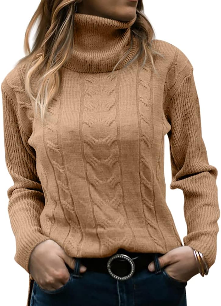 Damen Rollkragenpullover, beige, Zopfmuster, Strick, warm, modisch, Herbstmode, elegant.