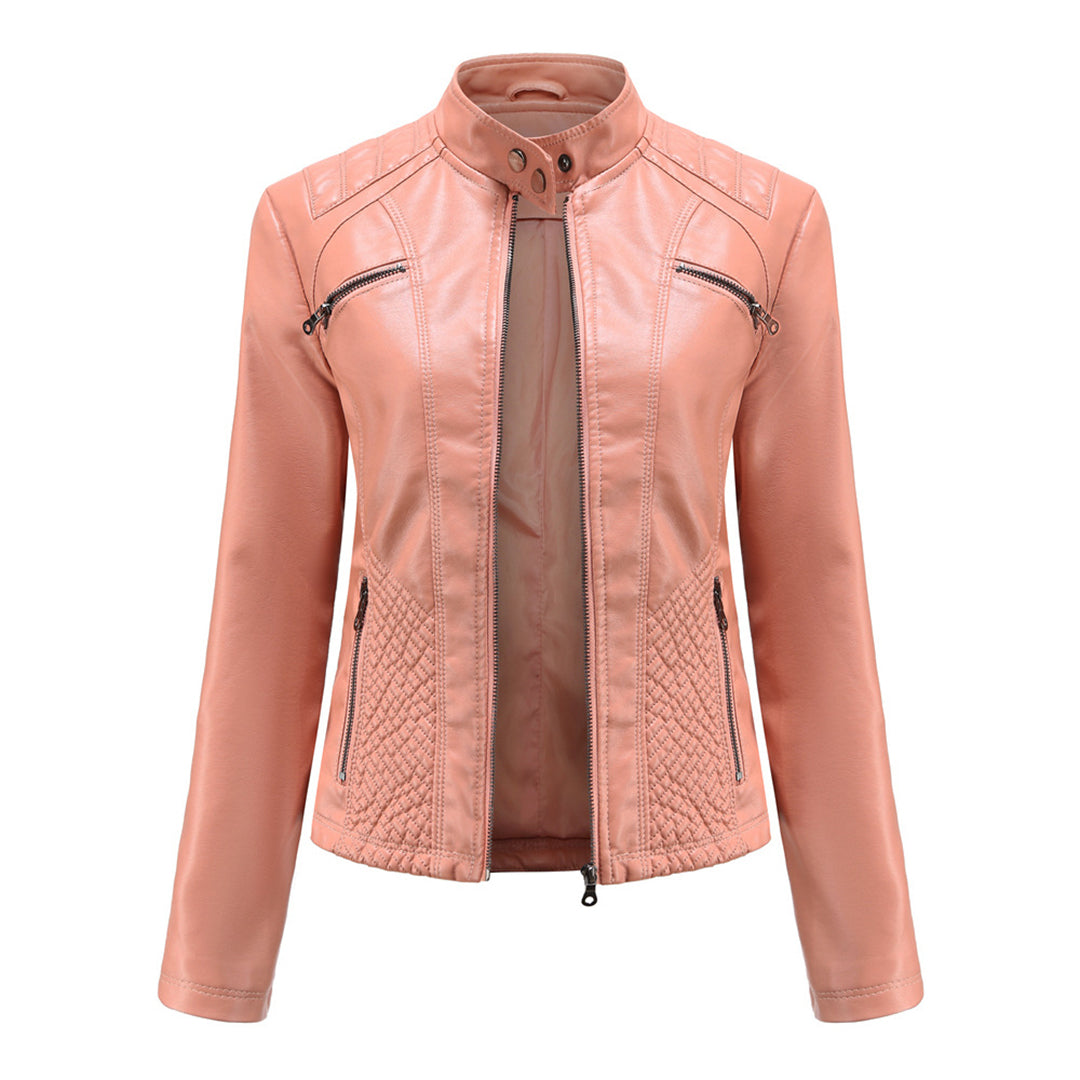 Damen Lederjacke rosa, Reißverschlüsse, Stehkragen, modisch, elegant, Biker-Stil.