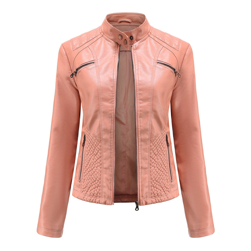 Damen Lederjacke rosa, Reißverschlüsse, Stehkragen, modisch, elegant, Biker-Stil.