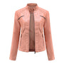 Damen Lederjacke rosa, Reißverschlüsse, Stehkragen, modisch, elegant, Biker-Stil.