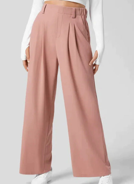 Damenhose, rosa, weit geschnitten, elegant, hohe Taille, Falten, modisch, Freizeitkleidung.