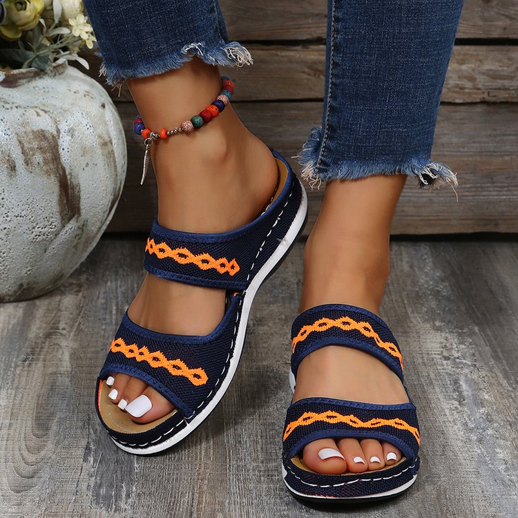 Damen Sandalen, blau-orange, Klettverschluss, bequem, Sommermode, Freizeit, Fußkettchen, Jeans.