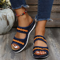 Damen Sandalen, blau-orange, Klettverschluss, bequem, Sommermode, Freizeit, Fußkettchen, Jeans.