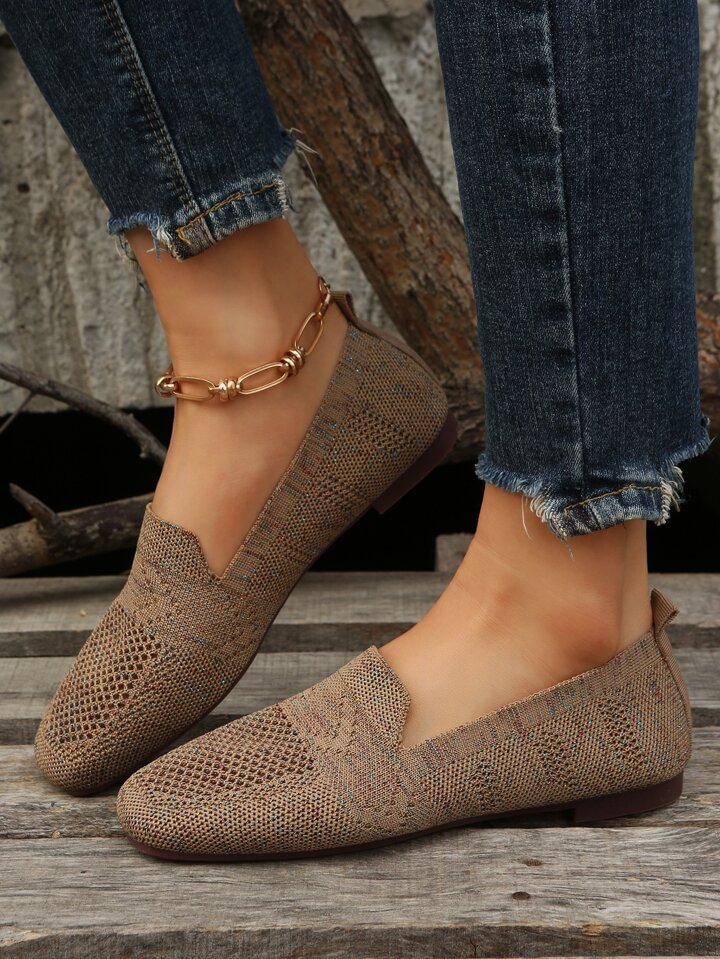 Damen Mokassins beige Strick, lässig, bequem, flach, modisch, für Frühling und Sommer.