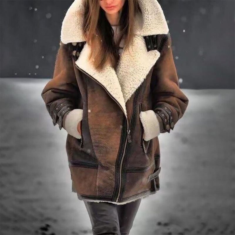 Damen Lammfelljacke braun, Wintermantel mit Reißverschluss, modisch und warm, Outdoor-Bekleidung.
