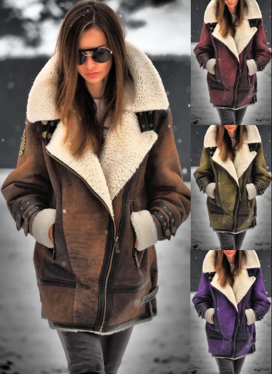 Frau in brauner Lammfelljacke, Wintermode, mit Sonnenbrille, Schnee, verschiedene Farben.