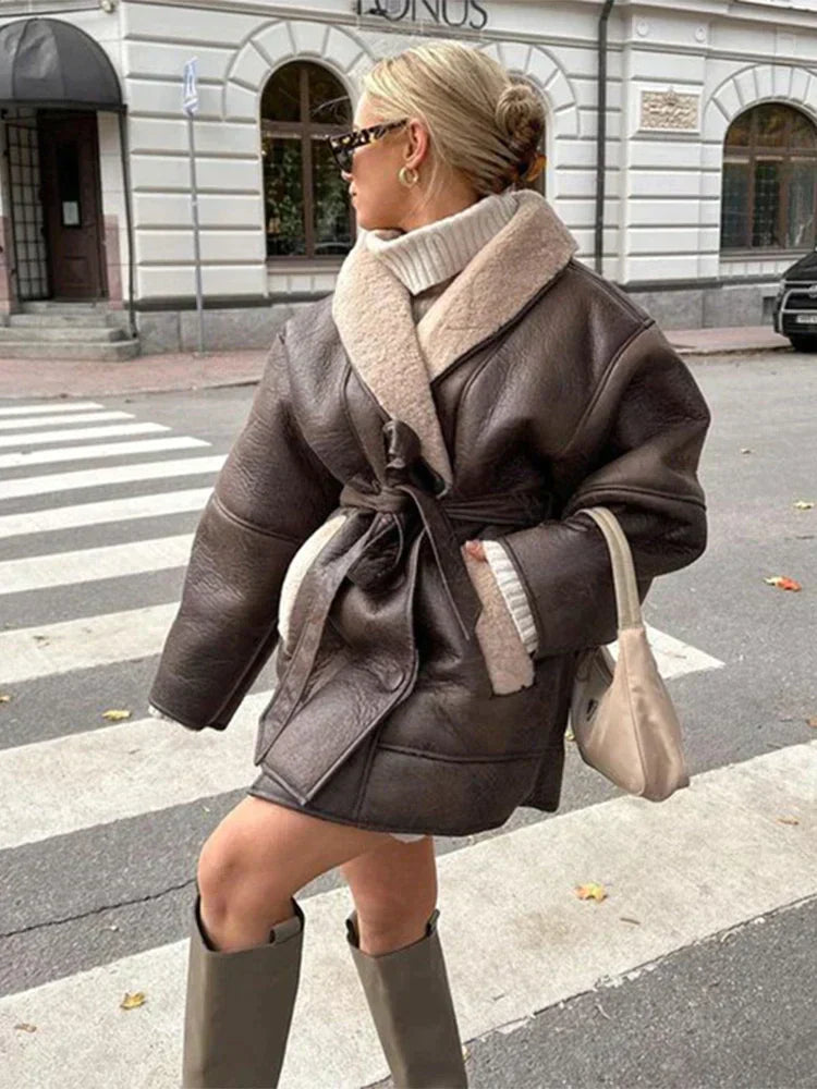 Frau in braunem Leder-Mantel mit Gürtel, beige Tasche, Sonnenbrille, Herbstmode, Straße.