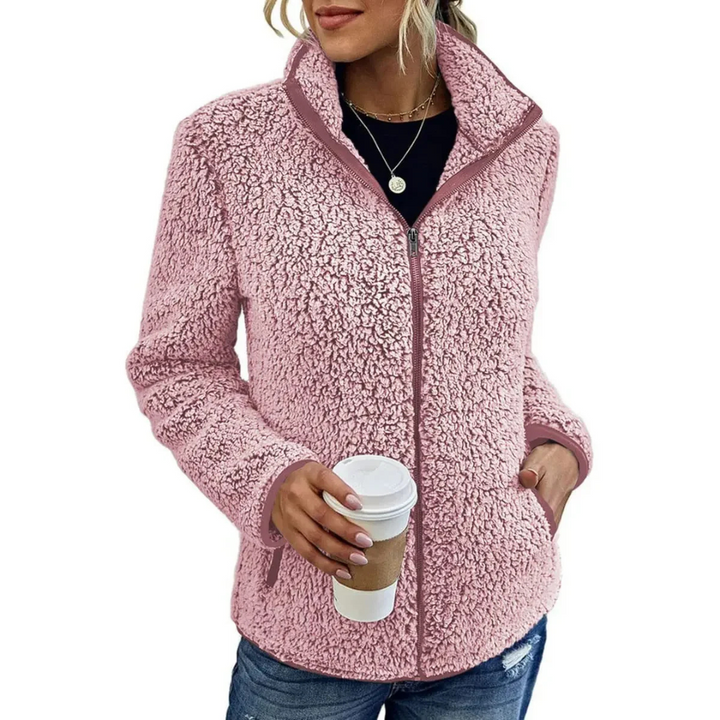 Damen Fleecejacke rosa, Reißverschluss, kuschelig, warm, modisch, Herbstmode, Freizeitkleidung.