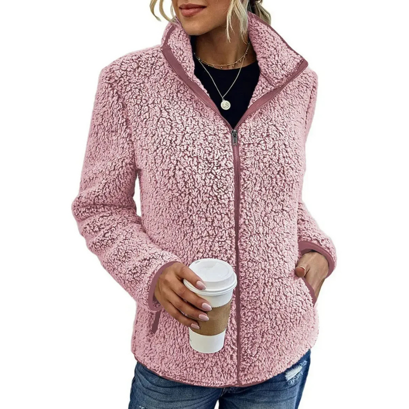 Damen Fleecejacke rosa, Reißverschluss, kuschelig, warm, modisch, Herbstmode, Freizeitkleidung.