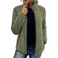 Damen Teddyjacke, olivgrün, Reißverschluss, warm, modisch, Herbst-Winter, Freizeitkleidung.