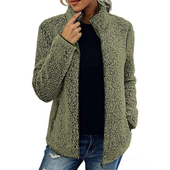 Damen Teddyjacke, olivgrün, Reißverschluss, warm, modisch, Herbst-Winter, Freizeitkleidung.