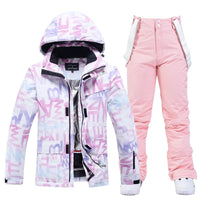 Damen Skianzug, winddicht, wasserdicht, rosa, Buchstabenmuster, Winter Snowboardjacke und Hose.