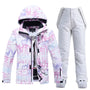 Damen Skianzug, winddicht, wasserdicht, bunte Buchstaben, Jacke und Hose, Wintermode.