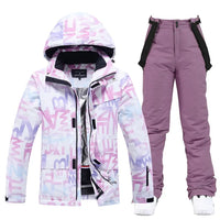 Damen Skianzug, winddicht, wasserdicht, lila Jacke und Hose, Wintermode, Snowboardbekleidung.
