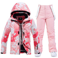 Damen Skianzug rosa-weiß, winddicht, wasserdicht, Winterjacke und Hose, Snowboardbekleidung.
