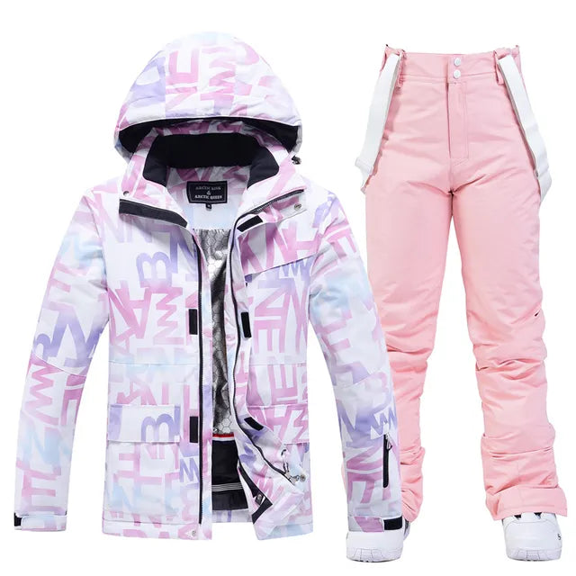 Damen Skianzug, winddicht, wasserdicht, rosa Hose, bunte Jacke, Wintermode.