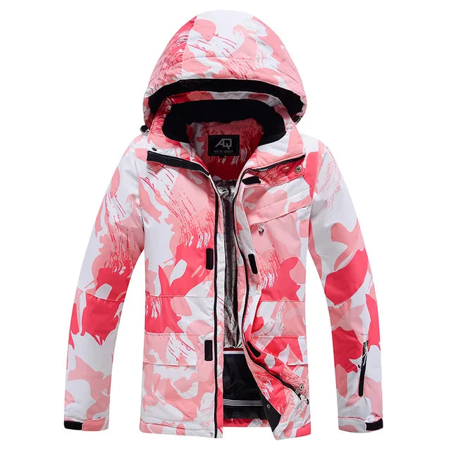 Damen Skijacke rosa-weiß, winddicht, wasserdicht, Wintermode, Snowboardbekleidung.