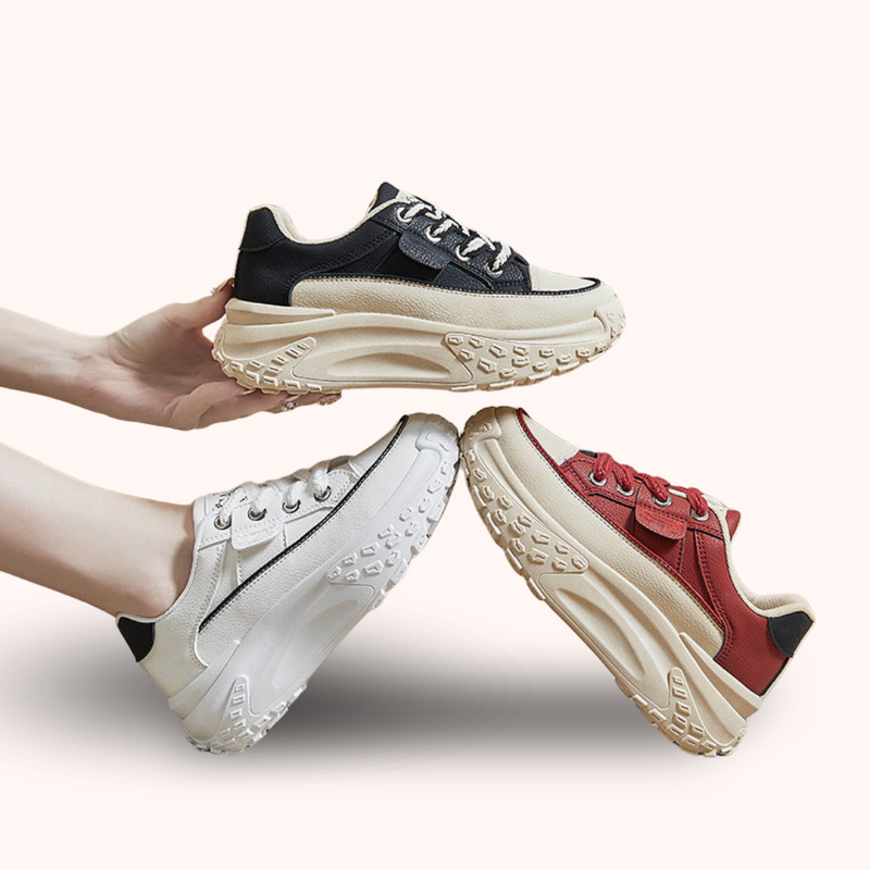 Drei Plateau-Sneaker in Schwarz, Weiß und Rot, Damenmode, trendige Freizeitschuhe.