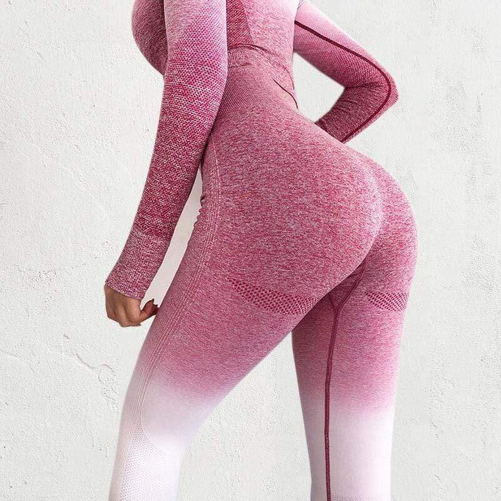 Damen Sport-Leggings, rosa-weiß, nahtlos, figurbetont, Fitnessbekleidung, elastisch.